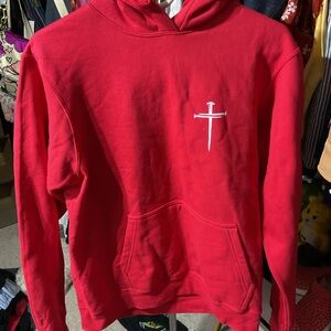 2 hoodies 1 sweat shirt 1 t shirt all size medium Red Hoodie with Cross Design